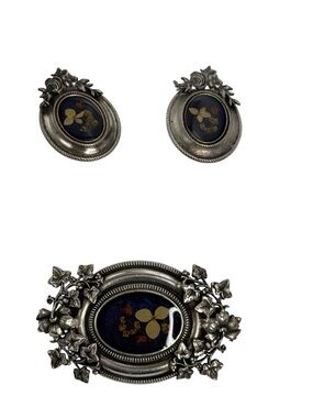 Pierre bex French vintage ornate oval dried floral brooch and clip earring set